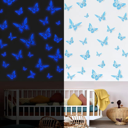 SAOROPEB Glow In The Dark Butterfly Stickers - 24 Pcs in 3 Sizes for Kids' Rooms | Luminous Wall Decor (Blue)
