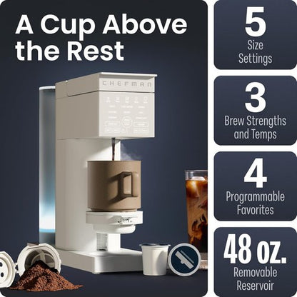 Chefman Caffeinator Coffee Maker - Single Serve Drip Machine with Brew Strength Settings & Iced Coffee Function | 48 oz Reservoir
