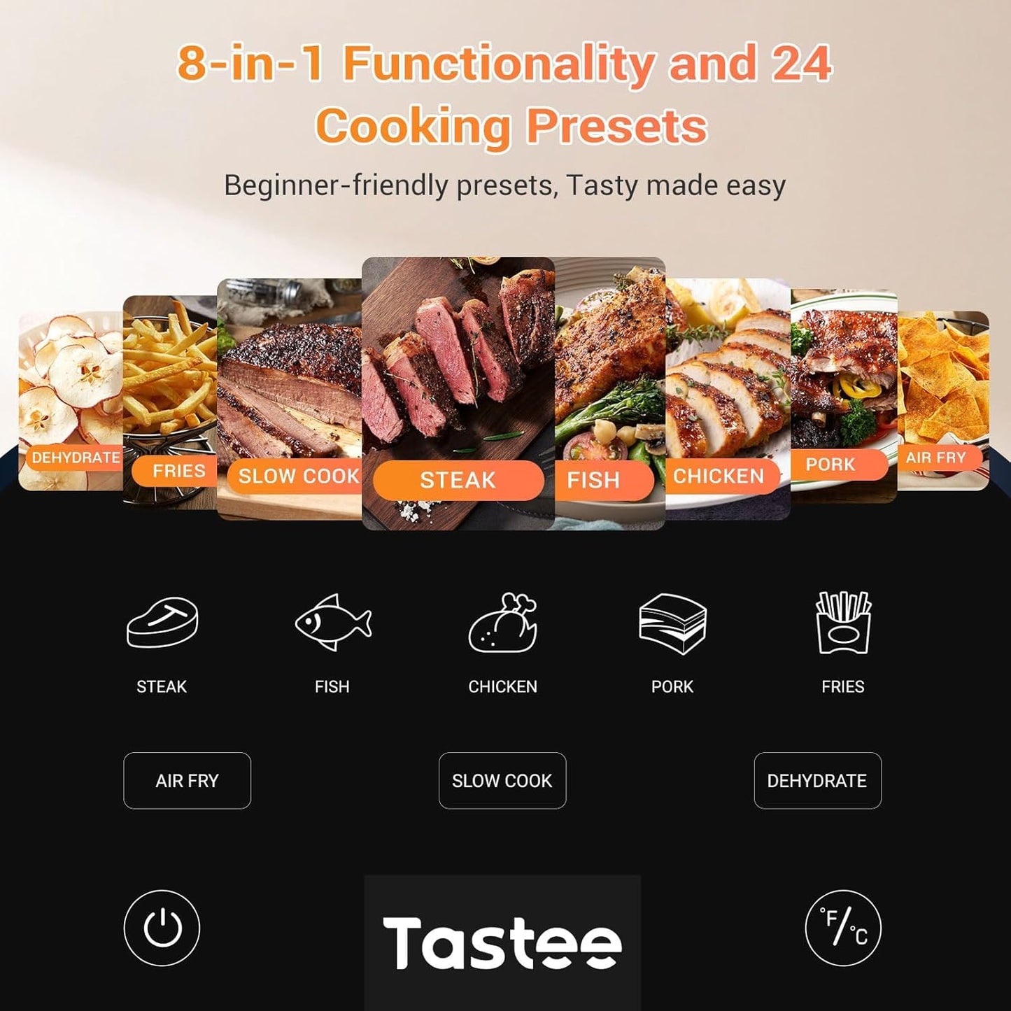 Tastee Ceramic Air Fryer - 8-in-1 Compact 5.5QT Digital Airfryer with Smart Probe & 24 Cooking Presets