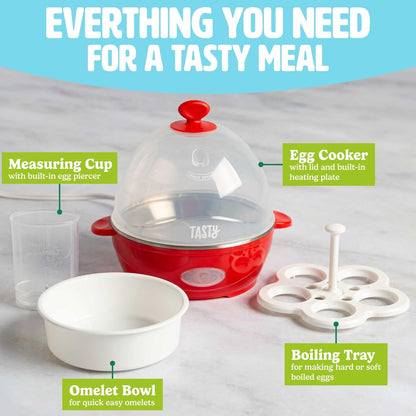 Tasty Mini Egg Cooker - 5-Egg Capacity for Perfect Hard Boiled Eggs & Omelets | Auto Shut Off, Red