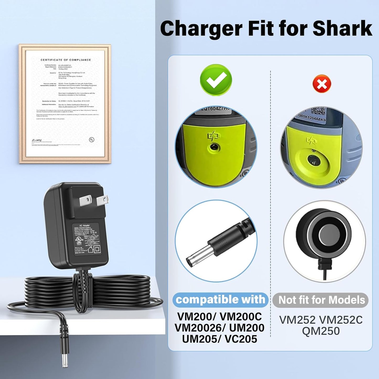 Shark Vacuum Mop Charger - AC Power Adapter for VM200, VM200C, VC200 | 10.8V Li-ion Battery Compatibility