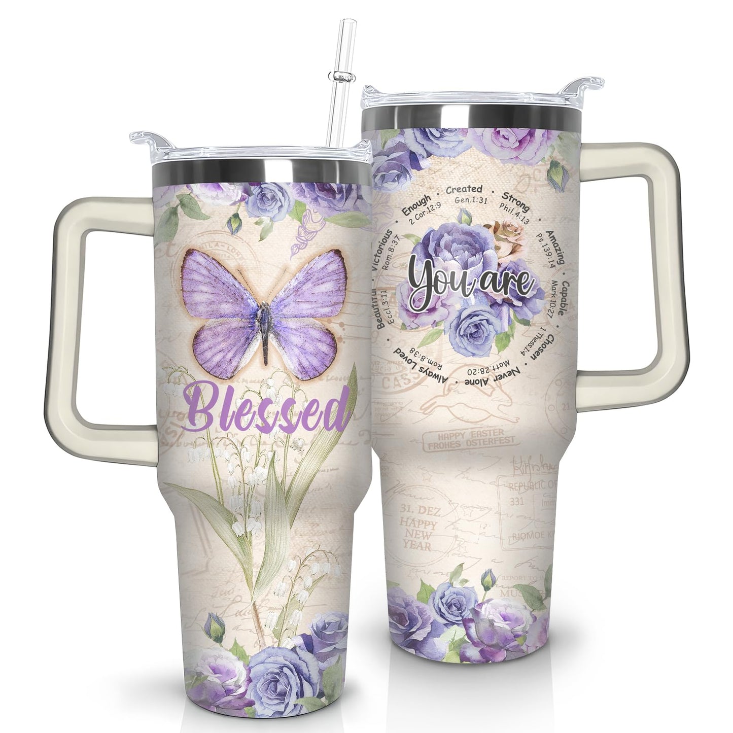 thmasamwr Butterfly Tumbler with Lid and Straw, Stainless Steel 40oz Tumbler with Handle, Butterfly Travel Coffee Mug Water Bottle, Butterfly Gifts Cups for Women and Girls