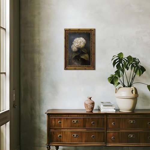 Framed White Hydrangea Oil Wall Art - Vintage Floral Canvas Print for Living Room & Office | 12x16in