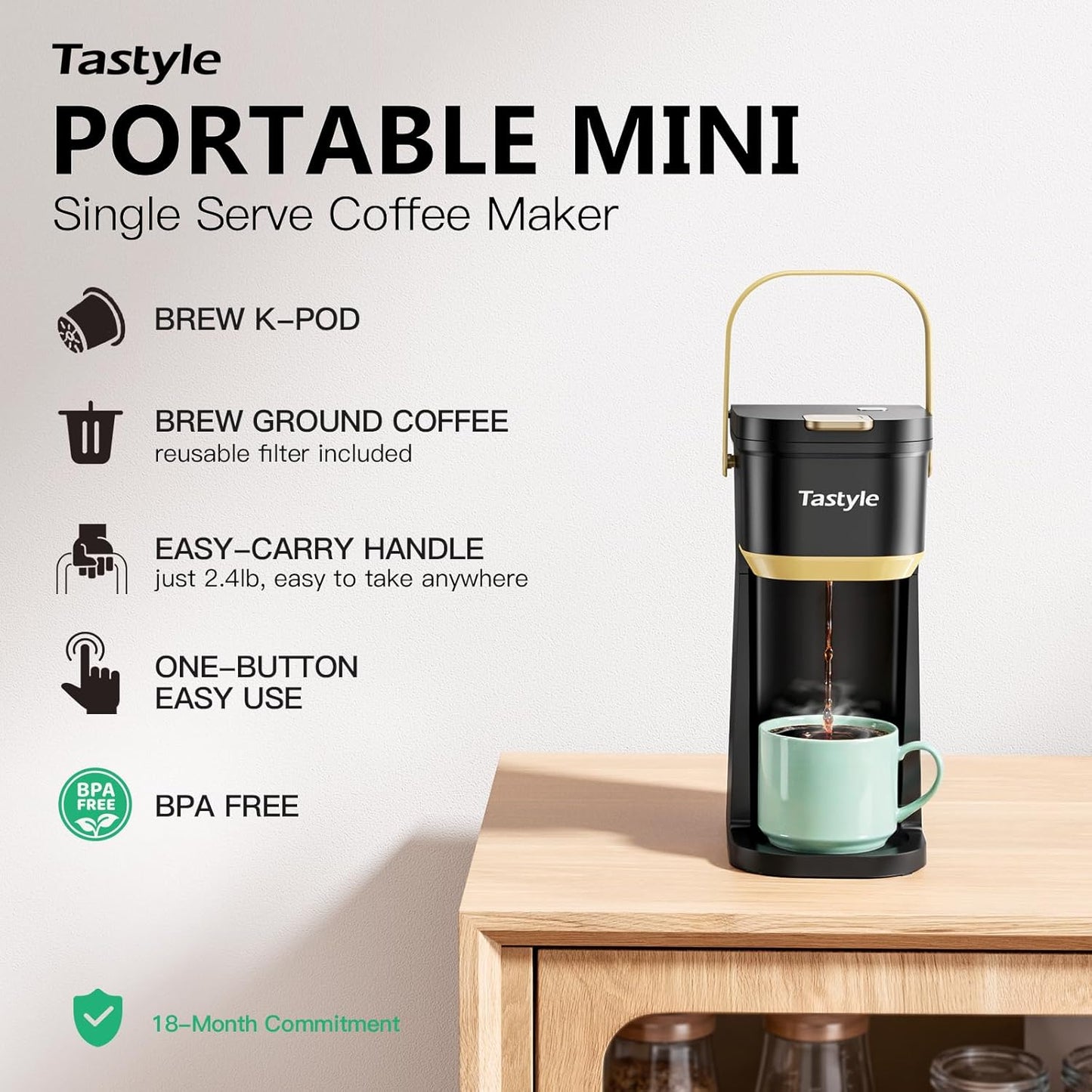 Skiennix Single Serve Coffee Maker - Portable Mini Brewer for K Cups & Grounds | 6-12 Oz, Black & Gold