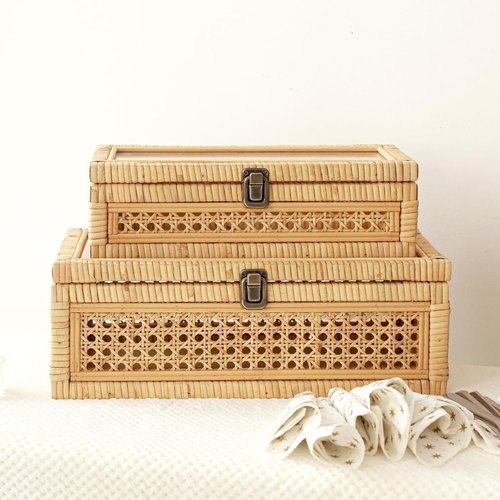 DECOR4SEASON Rattan Stacking Boxes with Glass Top Lid - Set of 2 for Boho Rustic Farmhouse Decor