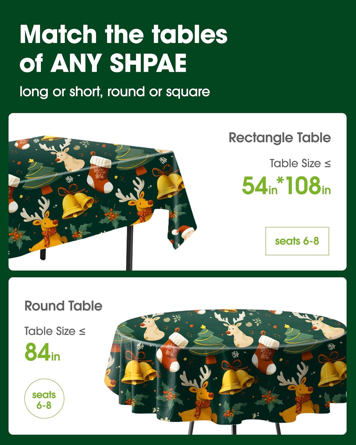 Pureegg Disposable Plastic Tablecloths - Sturdy Leakproof Covers for Parties | 54 x 108 Inch, Christmas Green, 8 Pack