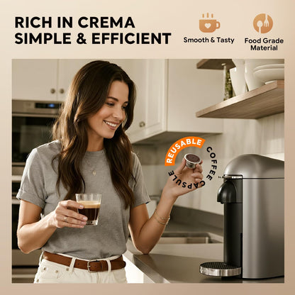 Skiennix Stainless Steel Reusable Coffee Pods - Compatible with Nespresso Vertuo | 230ml Capacity, Includes 4 Barcode Stickers & Silicone Lid