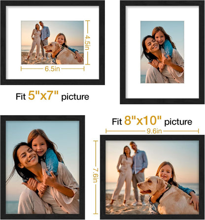 Vittanly 8x10 Picture Frame Set of 4 - Display 5x7 or 8x10 Photos | Shatter-Resistant Plexiglass, Black