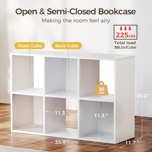COMHOMA 6-Cube Storage Organizer - Versatile Open Back Design | 11-Inch White Bookshelf for Home & Office