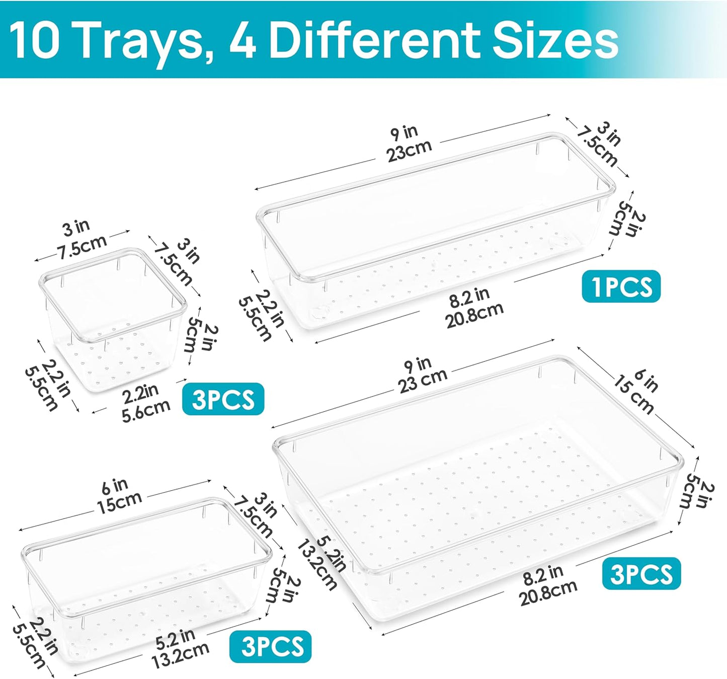 Vtopmart Makeup Drawer Organizer Set - 10 Clear Acrylic Bins for Cosmetics & Jewelry Storage | 4 Sizes