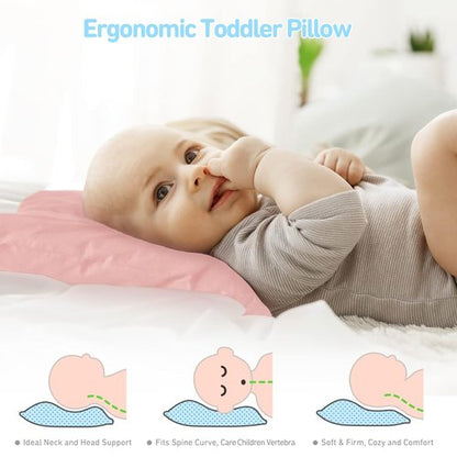 Babebay Toddler Pillow - Soft 13x18 Inch Sleeping Pillow with Cotton Case | Machine Washable (Pink)