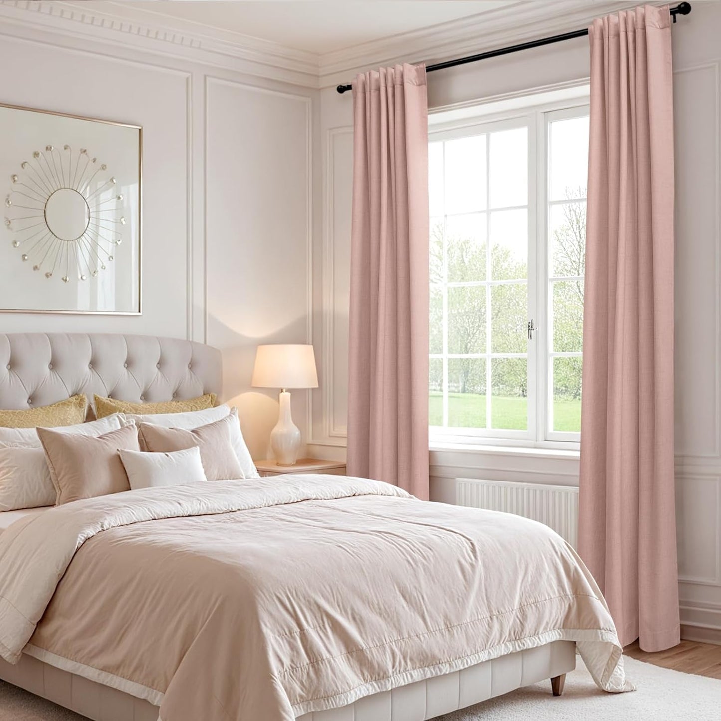 Skiennix 100% Blackout Linen Curtains - Thermal Insulated Drapes for Bedroom | 50" W x 90" L, Blush Pink