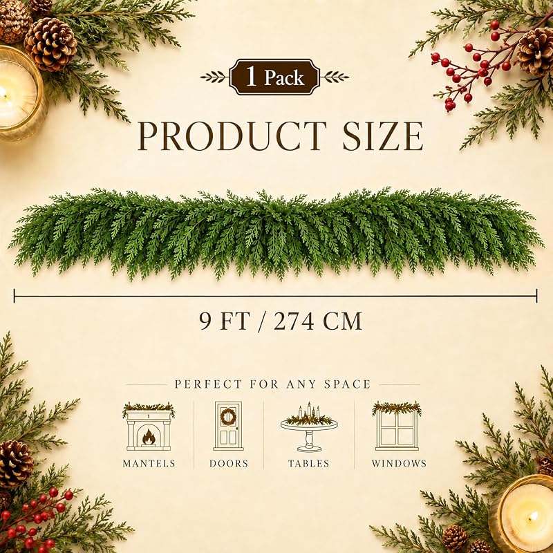 9ft Christmas Cedar Garland - Real Touch Pine Garland for Mantle (1 Pack) - Variation of THIS listing