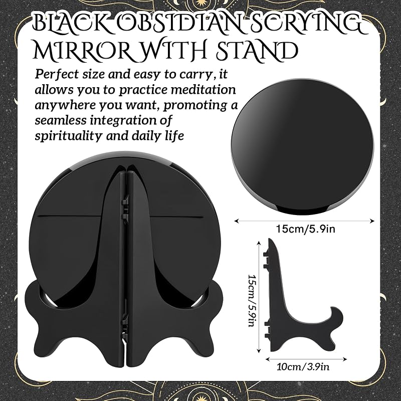 Obsidian Scrying Mirror 5.91 in with Wood Stand - 2 Pack Variation of THIS listing