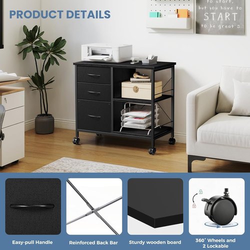 Healsmart Heavy Duty Mobile File Cabinet - 3 Fabric Drawers & Rolling Printer Stand | Black Storage Organizer for Home Office