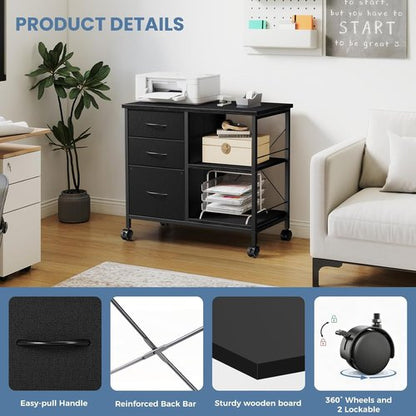 Healsmart Heavy Duty Mobile File Cabinet - 3 Fabric Drawers & Rolling Printer Stand | Black Storage Organizer for Home Office