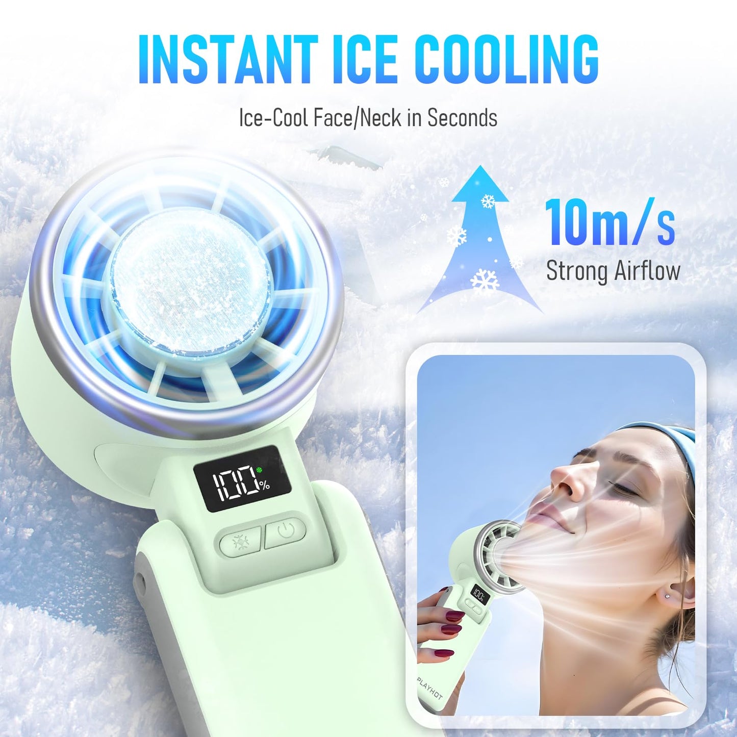 PlayHot Upgraded Portable Handheld Fan with 60°F Ice Cooling, Up tp 12Hrs Hand Held Portables Fans, 5 Speed 25550RPM Powerful Portable Fan Handheld, Hand/Neck/Desk Fan 3 IN 1(Green)