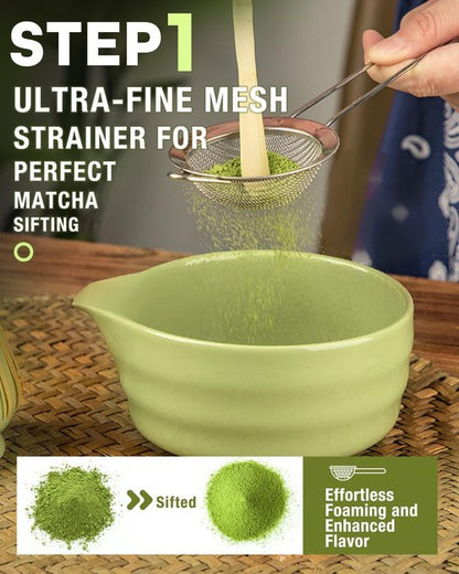 Matcha Whisk Set - 5PCS Matcha Set Includes 17OZ Chawan with Spout, Bamboo Chasen Whisk with Ceramic Holder, Matcha Scoop and Stainless Sifter, Matcha Kit for Ceremony, Gift for Matcha Lovers