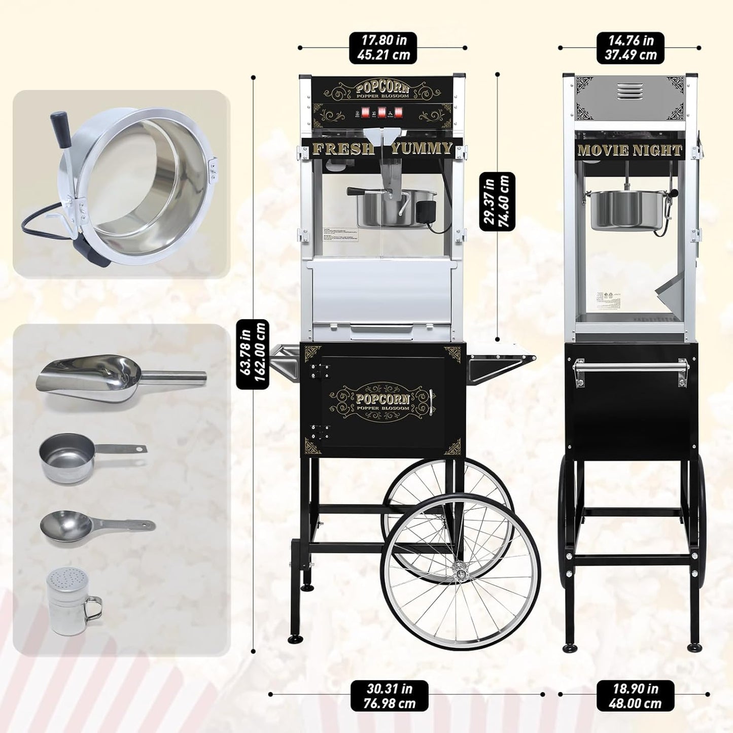 Skiennix 20 Oz Popcorn Machine Cart - Sleek Black Popcorn Maker with Storage Stand & Wheels