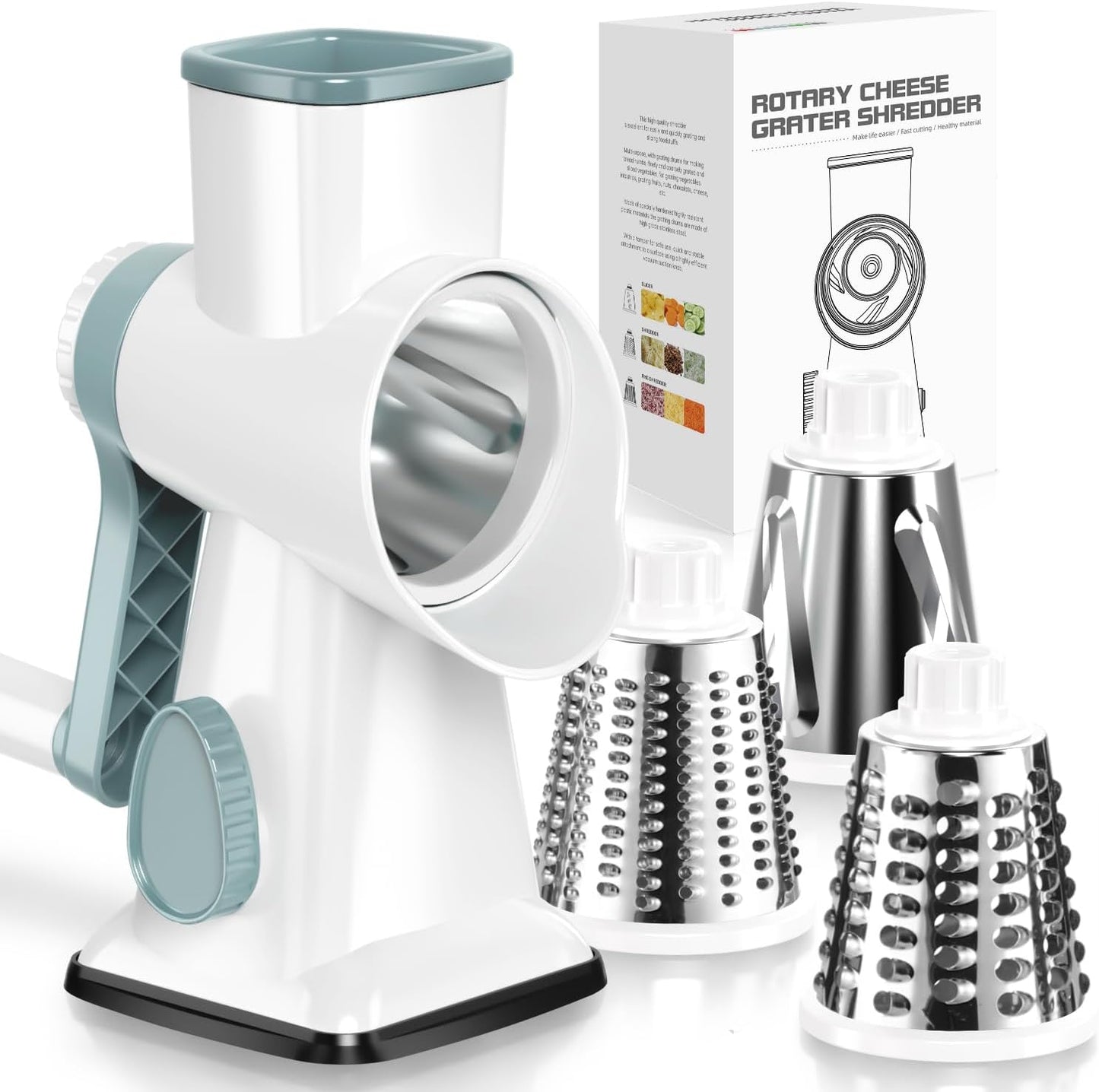 Skiennix Cheese Grater - Hand Crank Stainless Steel Shredder with 3 Blades for Vegetables & Nuts