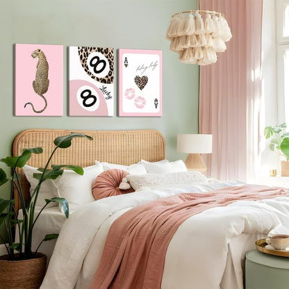 Funky Lucky You | Trendy Leopard Canvas Wall Art Set of 3 - Pink Cheetah Prints for Girls' Bedroom 12x16