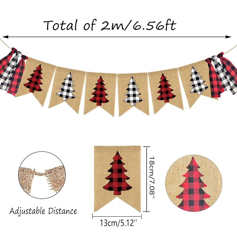 Buffalo Plaid Christmas Burlap Banner Garland with Tassels - 13x18cm Holiday Wall Decor