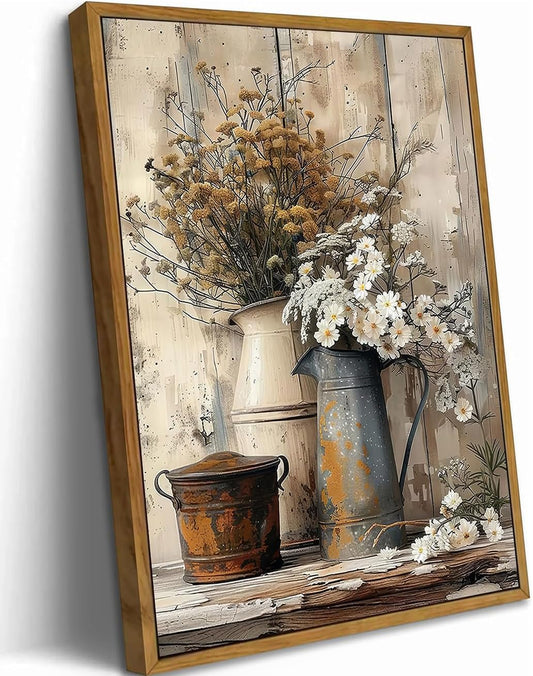 Skiennix Framed Rustic Farmhouse Daisy Canvas Wall Art - Vintage Country Flower Decor | 8x10in