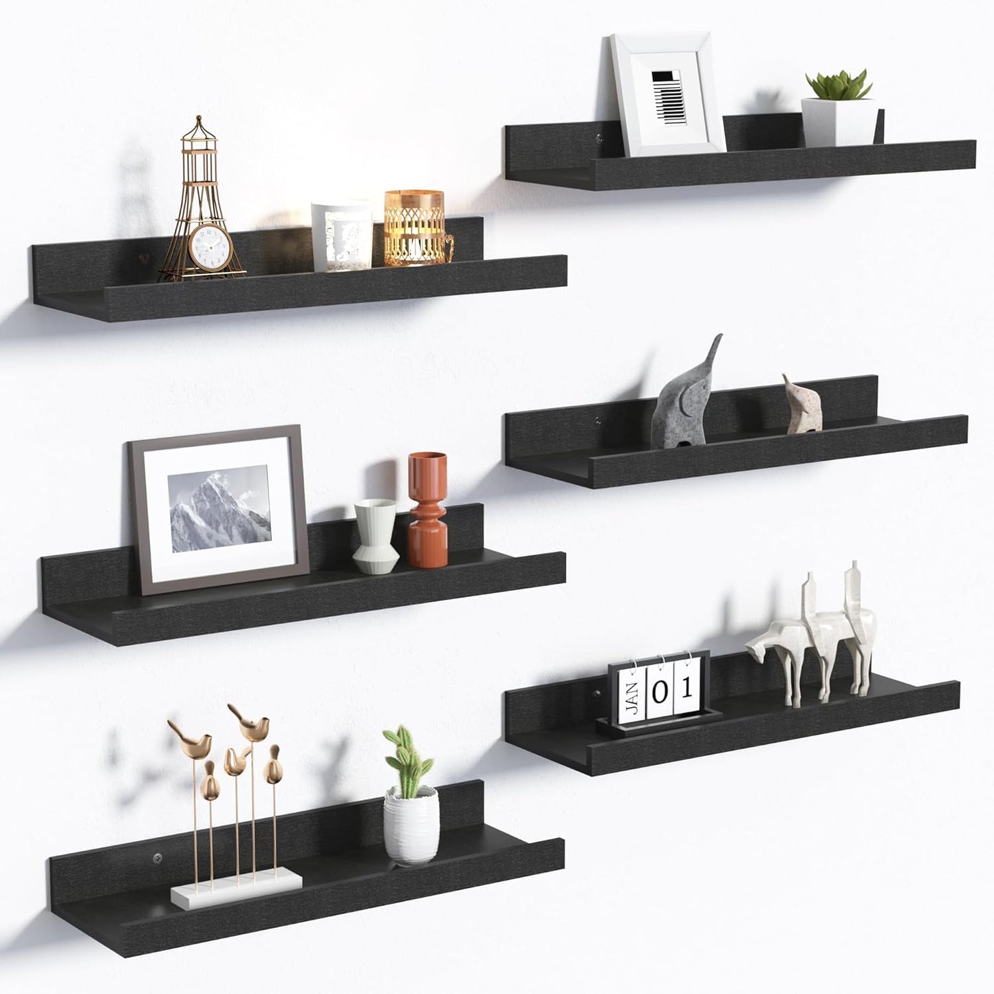 Upsimples Floating Wall Shelves - Set of 6 Stylish Wood Shelves for Home Decor | Black