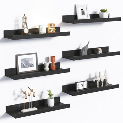 Upsimples Floating Wall Shelves - Set of 6 Stylish Wood Shelves for Home Decor | Black