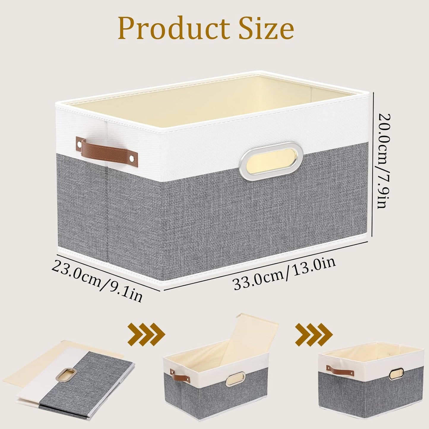 Yawinhe Fabric Storage Baskets - Foldable Closet Organizer with 3 Handles | Large Canvas Bins, White/Grey, 4-Pack (12.99''L x 9.05''W x 7.87''H)