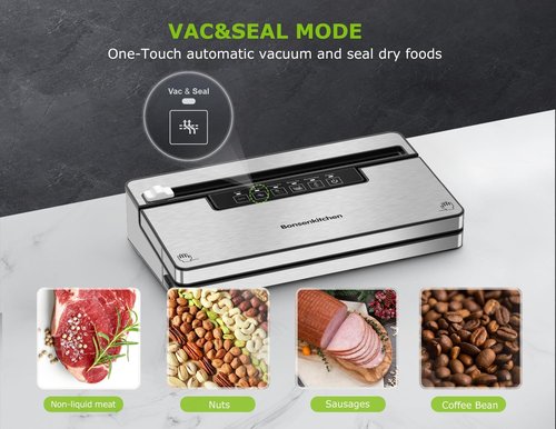 Bonsenkitchen Vacuum Sealer - Stainless Steel Food Sealer with 5 Modes & Built-in Cutter | Silver Black