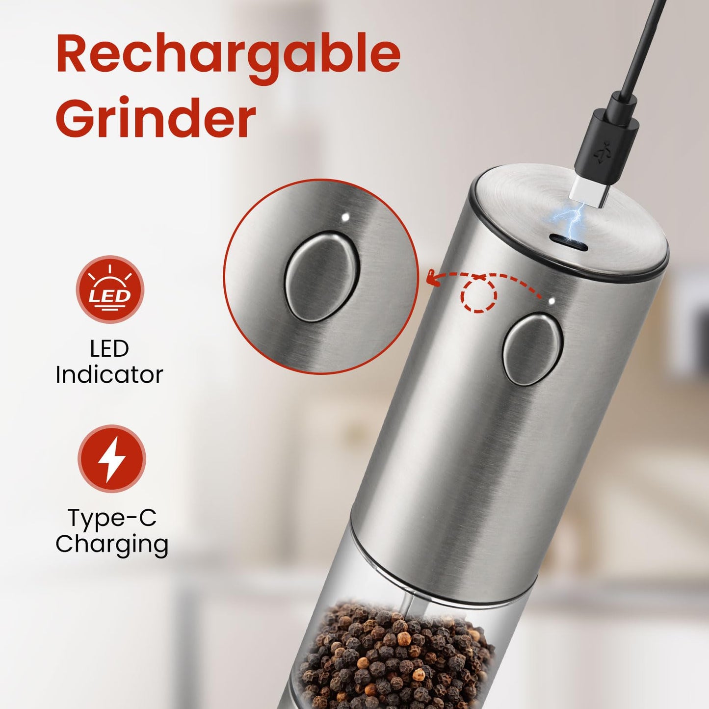 Newise Electric Salt and Pepper Grinder Rechargeable with Light, Electric Salt and Pepper Shakers, Automatic & Adjustable Coarseness, Kitchen Gadgets, Stainless Steel