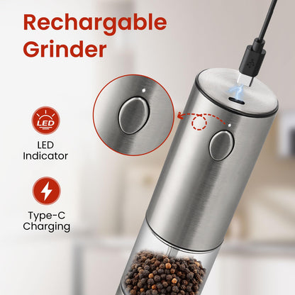 Newise Electric Salt and Pepper Grinder Rechargeable with Light, Electric Salt and Pepper Shakers, Automatic & Adjustable Coarseness, Kitchen Gadgets, Stainless Steel
