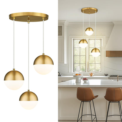 LMS Brushed Gold 3-Light Cluster Pendant Lights, Modern Kitchen Island Lighting with White Globe Glass Shade, Adjustable Hanging Cord Ceiling Light for Bathroom Bedroom Dining Room, LMS-186BG3