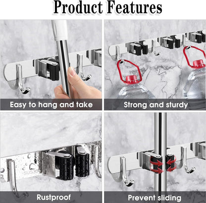 Skiennix Broom and Mop Holder - Wall Mounted Garage Organizer with 3 Racks & 4 Hooks | Heavy Duty Stainless Steel
