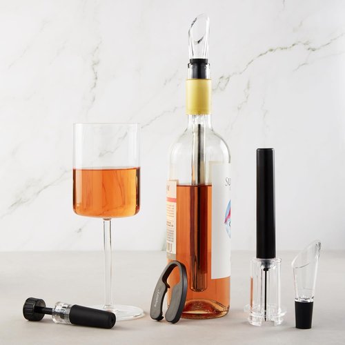 BergHOFF 6Pc Air Pressure Wine Opener with Chiller Pourer, Foil Cutter, Aerator Pourer, Vacuum Stopper Great for Gift