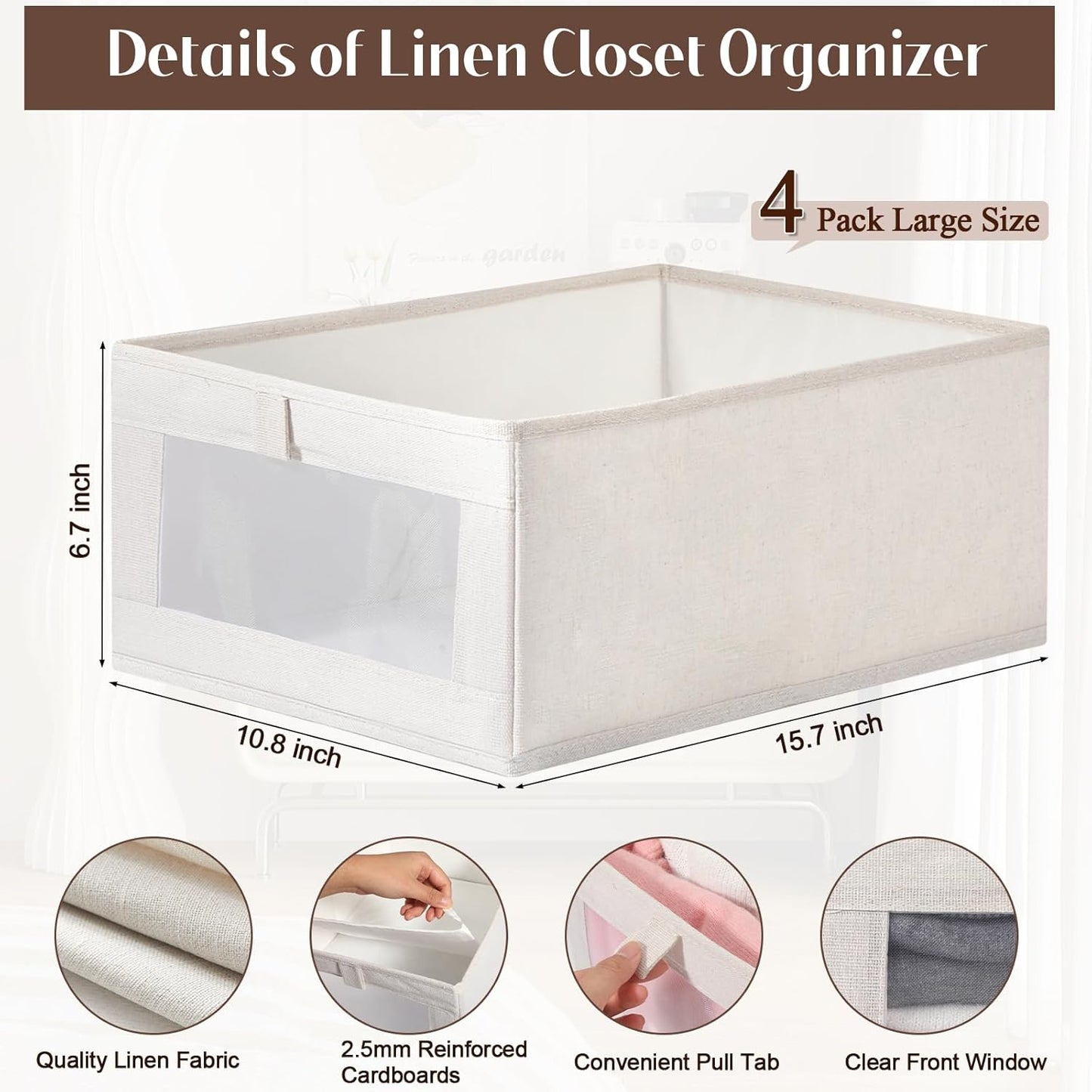 VZZNN Linen Closet Organizers - 4 Pack Foldable Storage Bins with Clear Window - Beige