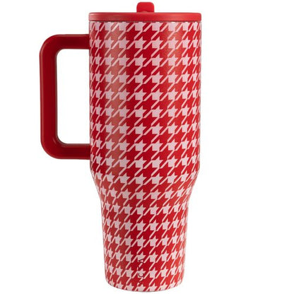 HydroJug Traveler - 40 oz Water Bottle with Handle & Flip Straw - Fits in Cup Holder, Leak Resistant Tumbler-Reusable Insulated Stainless Steel & Rubber Base - Gifts for Women & Men, Halle Houndstooth