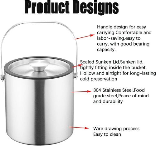 3L Double-Wall Insulated Ice Bucket with Lid, Ice shovel &Tongs and Strainer, Stainless Steel Ice Bath Tub with Silicone Sealed Lid for Wine, Ice Buckets for Parties, Wine Chiller, Light Sliver