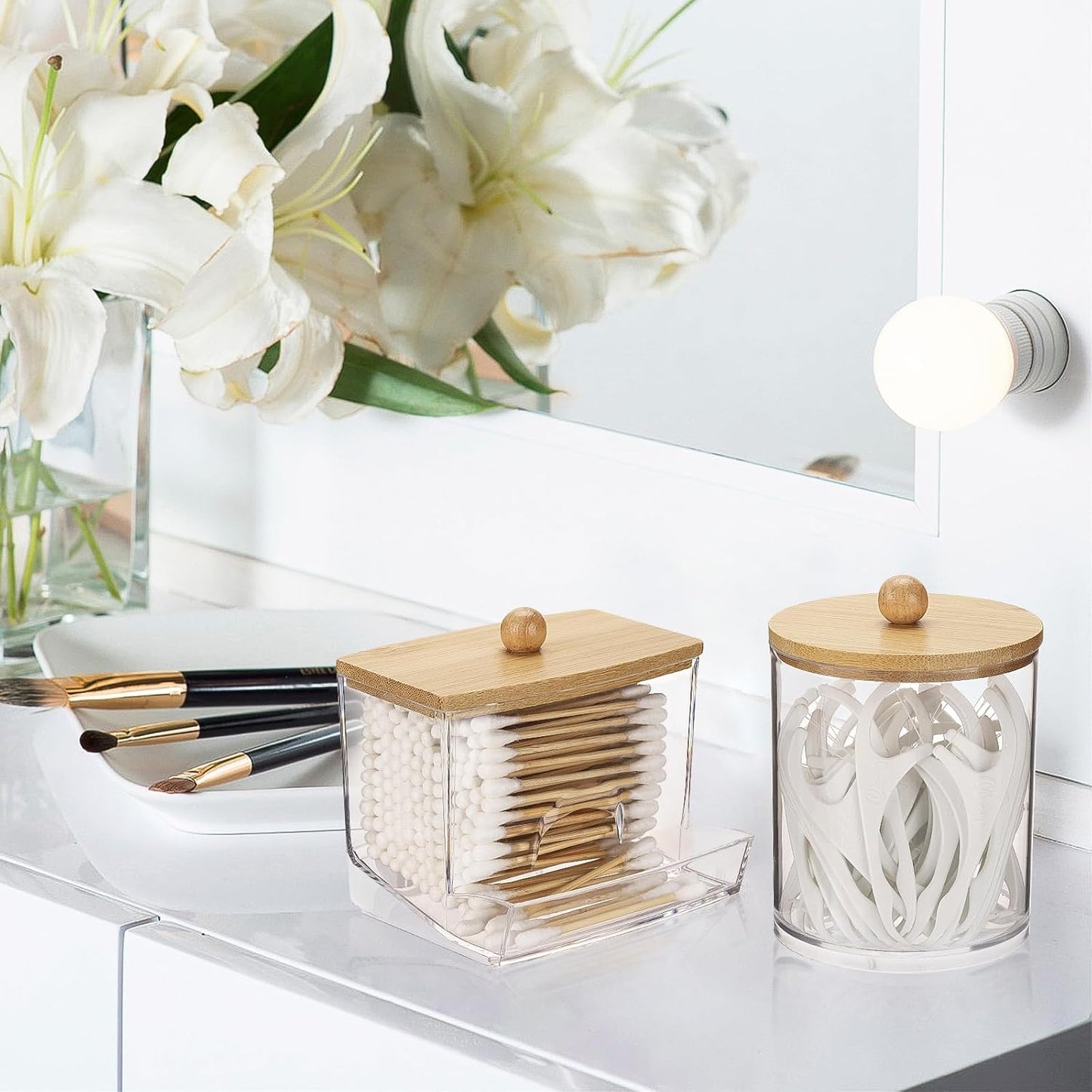 Tbestmax Qtips Dispenser - Stylish Bathroom Container with Bamboo Lid | 10/12 oz Cotton Ball Holder