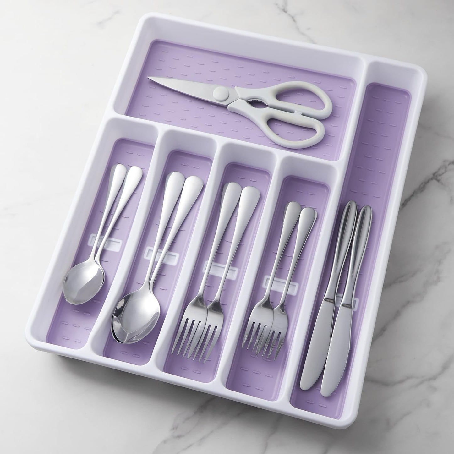 Silverware Organizer with Cutlery Icons，Silverware Tray for Kitchen Drawer，Plastic Flatware Tableware Silverware Drawer Organizer Utensil Organizer with Non-slip TPR Linings，6-Compartment,Purple