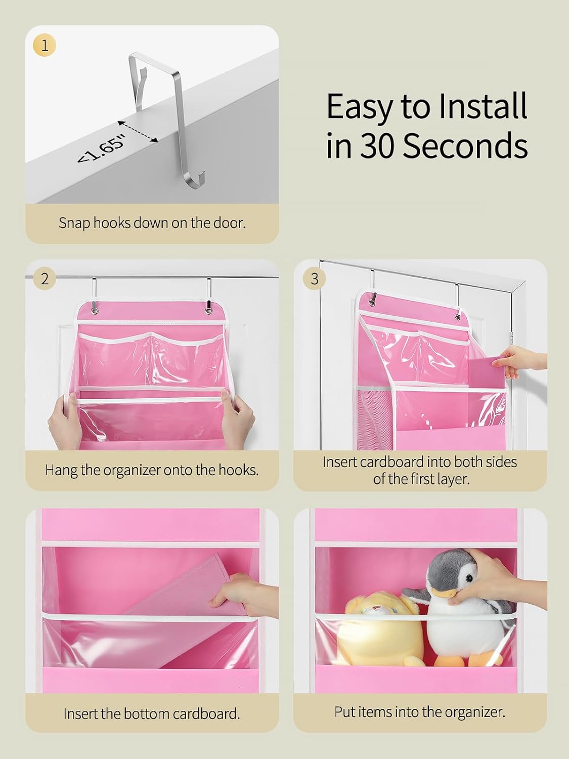 Yecaye 5-Tier Over The Door Organizer - Swing-Proof Hanging Storage with Clear PVC Windows | Bubblegum Pink