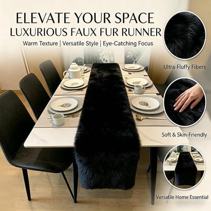 Black Faux Fur Table Runner 12x36 Inch - Fluffy Halloween Winter Decor - Variation: Black+12x36 Inch