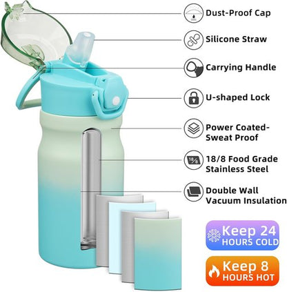BJPKPK Insulated Water Bottle - 14oz Stainless Steel Flask with Straw & Leak-Proof Lid | Mint Color