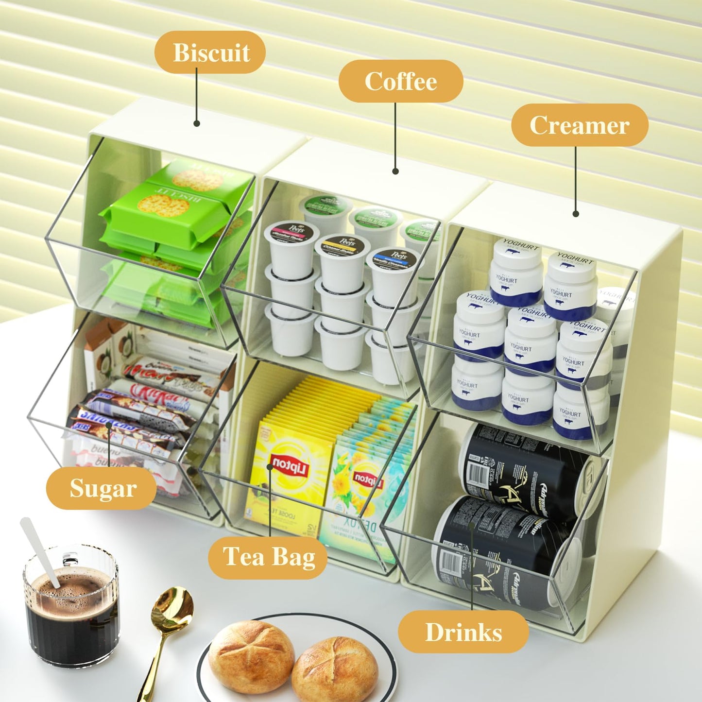 BILLION GOLD Acrylic Storage Containers Box, Desktop Tea Bag Organizer with 2 Drawers - Coffee Pod Holder for K Cups, Tea Bags, Creamer, Sugar Bags for Home Office(White)