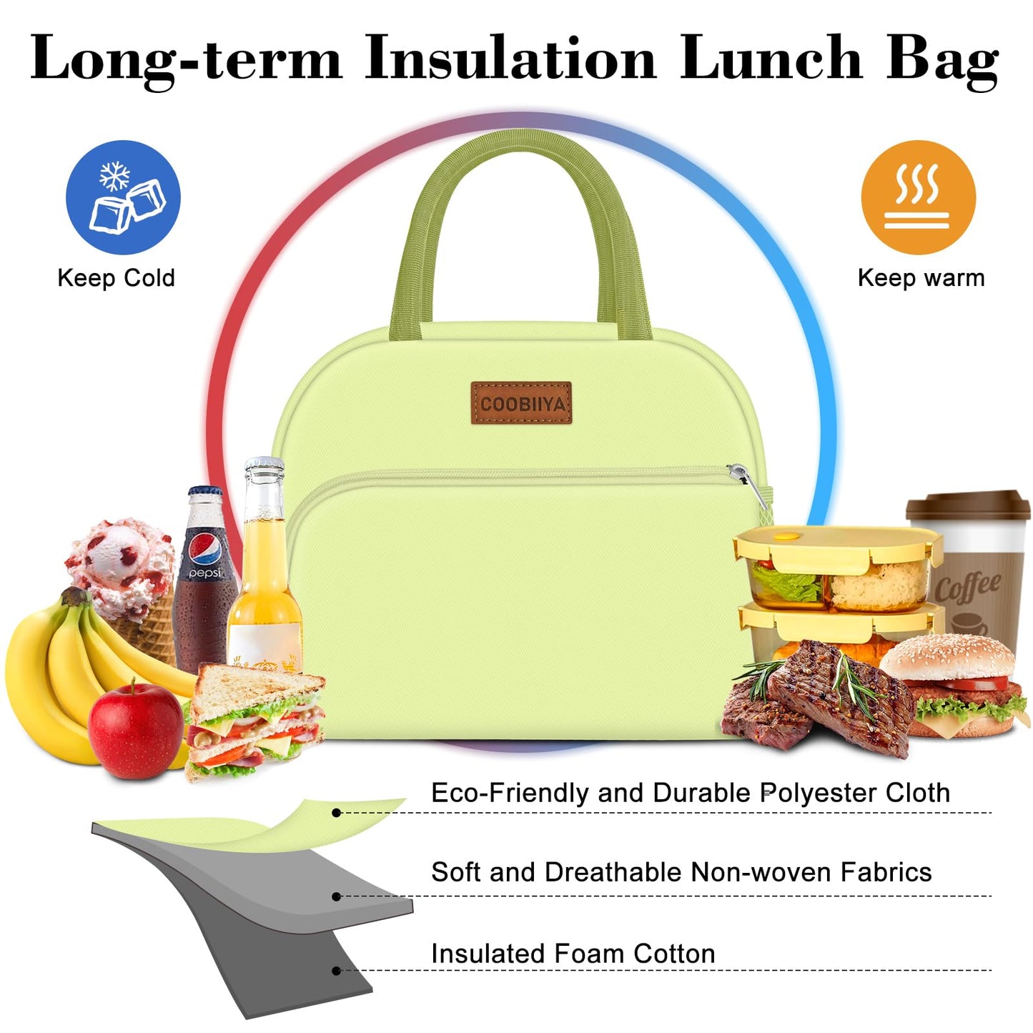 Coobiiya Lunch Bag Women, Lunch Box Lunch Bag for Women Adult Men, Small Leakproof Cute Lunch Tote Large Capacity Reusable Insulated Cooler Lunch Container for Work/Office/Picnic/Travel-Mint Green