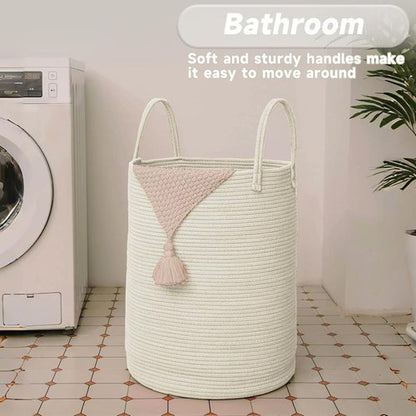 JMvicyroam Large Woven Laundry Basket - 60L Cotton Rope Storage Bin for Blankets, Toys & Clothes | White