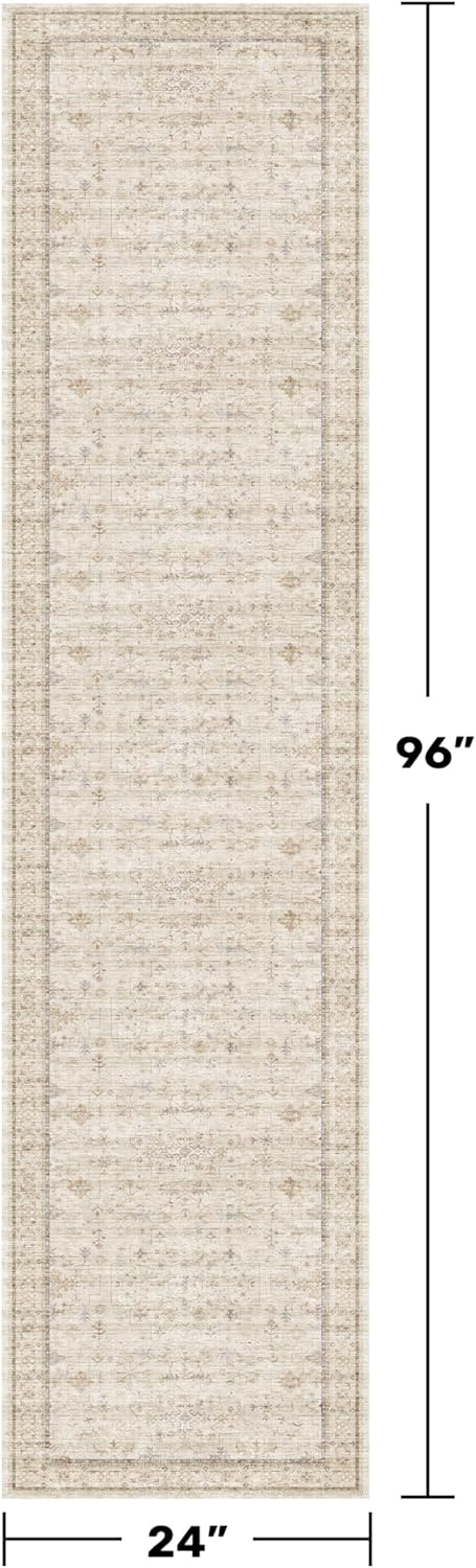 Regine Switzerland Washable 2x8 Runner Rug - Non-Slip, Stain Resistant Geometric Floral Design in Vintage Beige