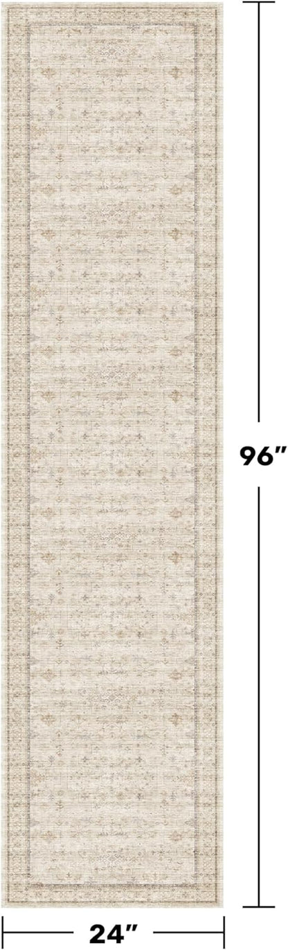Regine Switzerland Washable 2x8 Runner Rug - Non-Slip, Stain Resistant Geometric Floral Design in Vintage Beige