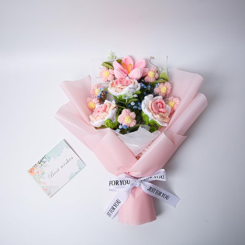 EZsenses Crochet Flower Bouquet, Handmade Knitted Rose Faux Crochet Flowers for Home Decor Valentine’s Day Anniversary Weddings Birthdays Mother’s Day, Includes Gift Bag and Greeting Card (Rose)
